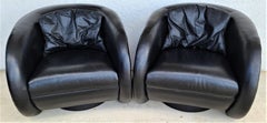 Set of 4 Mid-Century Modern Black Leather Swivel Barrel Lounge Chairs by Preview
