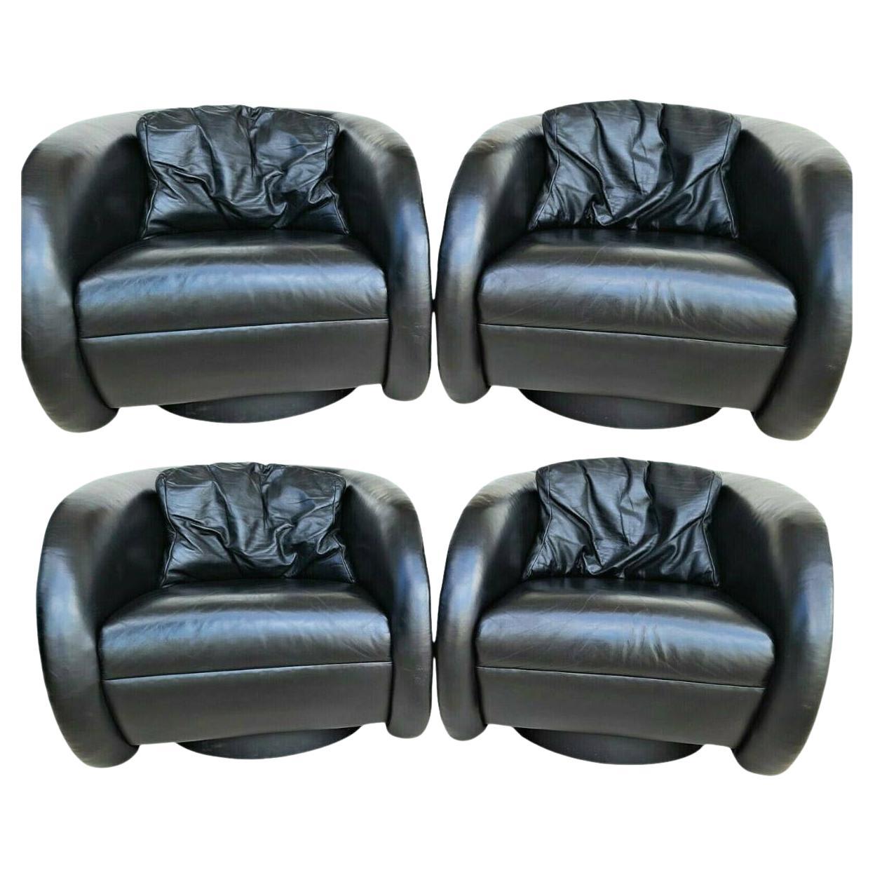 Set of 4 Mid-Century Modern Black Leather Swivel Barrel Lounge Chairs by Preview For Sale