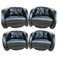 Set of 4 Mid-Century Modern Black Leather Swivel Barrel Lounge Chairs by Preview
