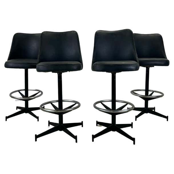 Set of 4 Mid Century Modern Black Vinyl Bar Stools For Sale at 1stDibs
