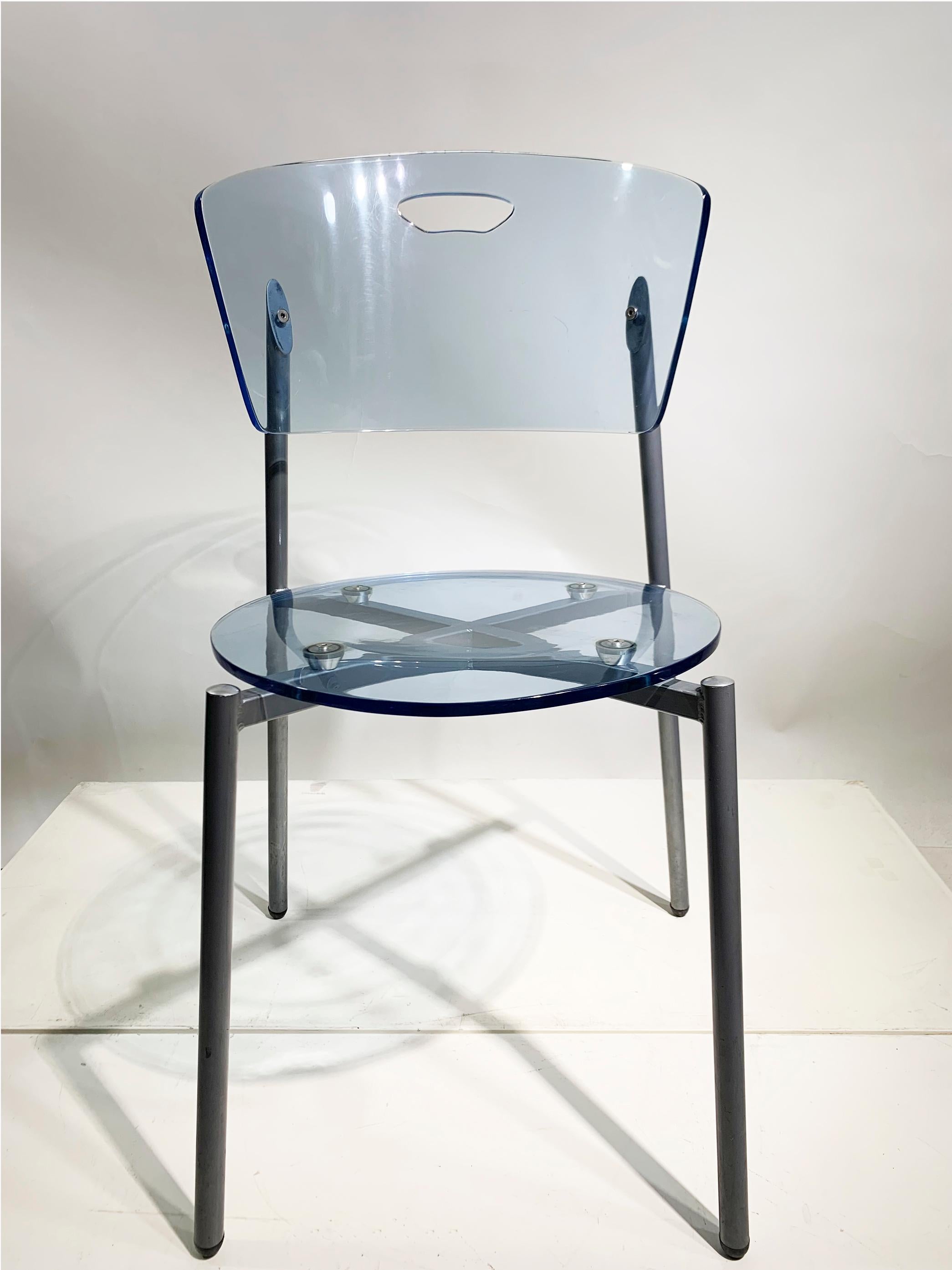 Acrylic Set of 4 Mid-Century Modern Blue Transparent PMMA Chairs  For Sale