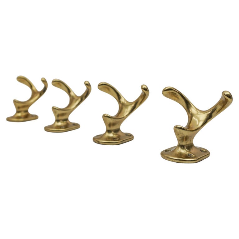 Set of 4 MidCentury Modern Brass Wall Double Hooks, Austria, 1960s For