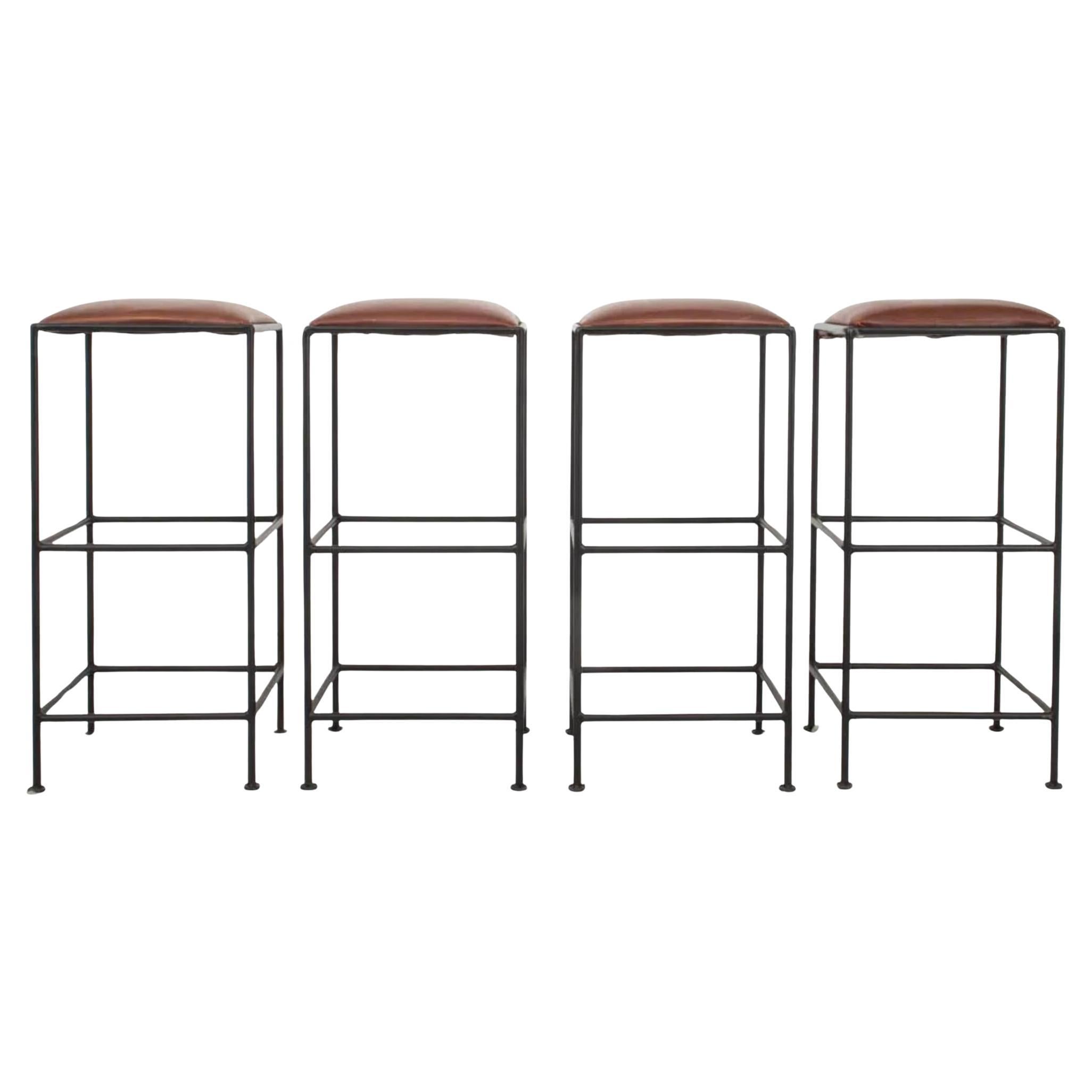 Set di 4 sgabelli da bar in ferro e pelle marrone del Mid Century Modern