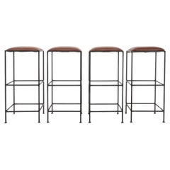 Set of 4 Mid Century modern brown Iron Leather Bar Stools