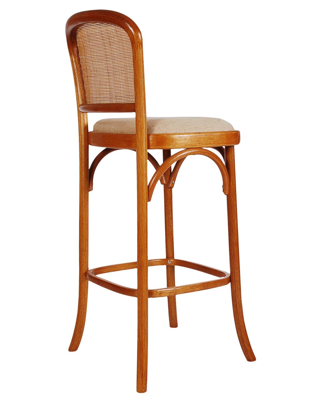 A beautiful matching set of four barstools attributed to Thonet, circa 1970s. These stools feature solid birch frames with caned backs and upholstered cushion seats. Price includes set of four stools.