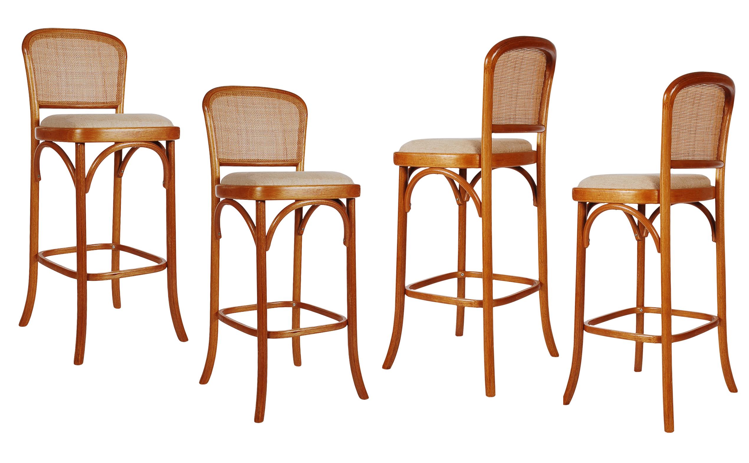 Fabric Set of 4 Mid-Century Modern Cane Back Bar Stools after Le Corbusier for Thonet