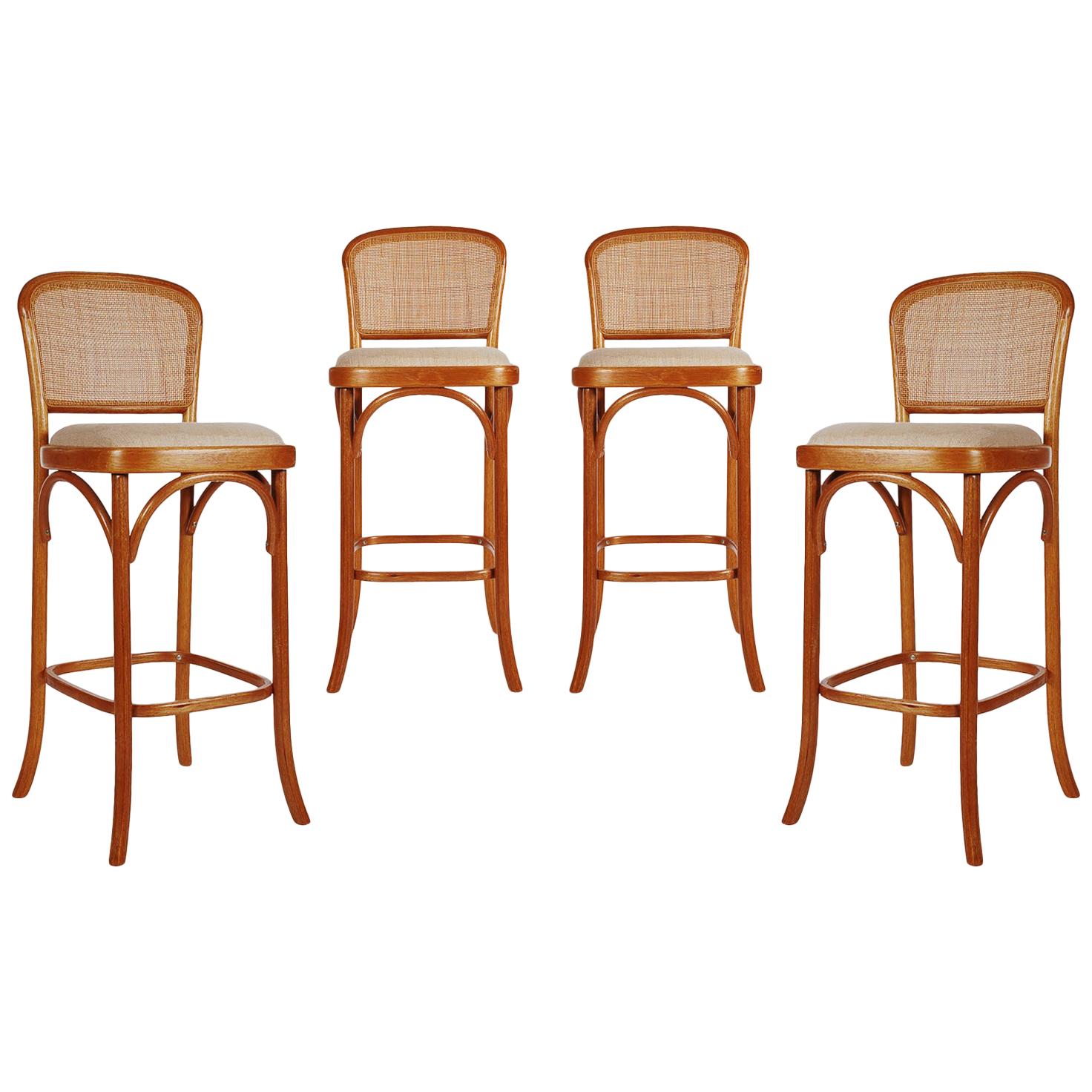Set of 4 Mid-Century Modern Cane Back Bar Stools after Le Corbusier for Thonet