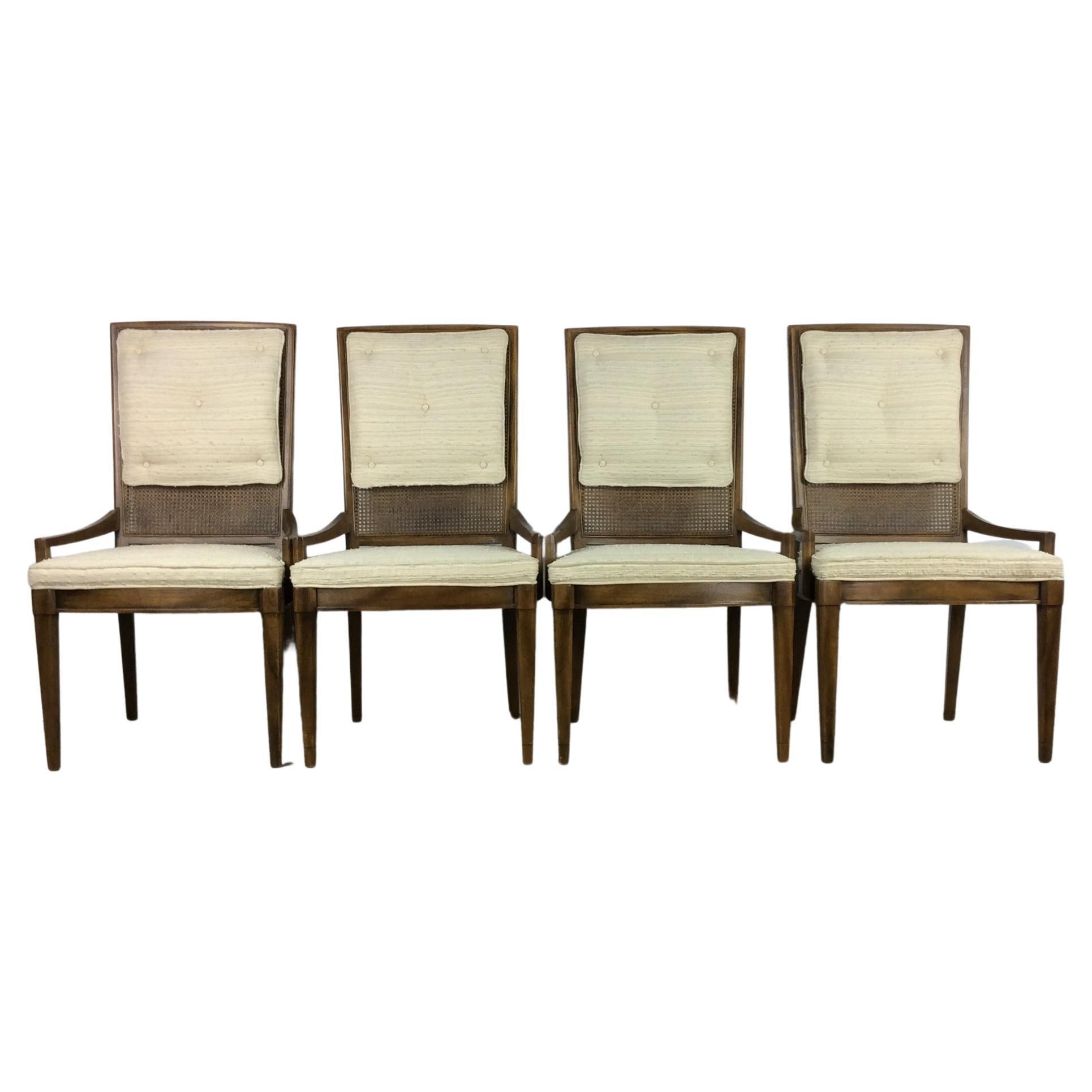 Set of 4 Mid-Century Modern Caned Back Dining Chairs with Tufted Cushions For Sale