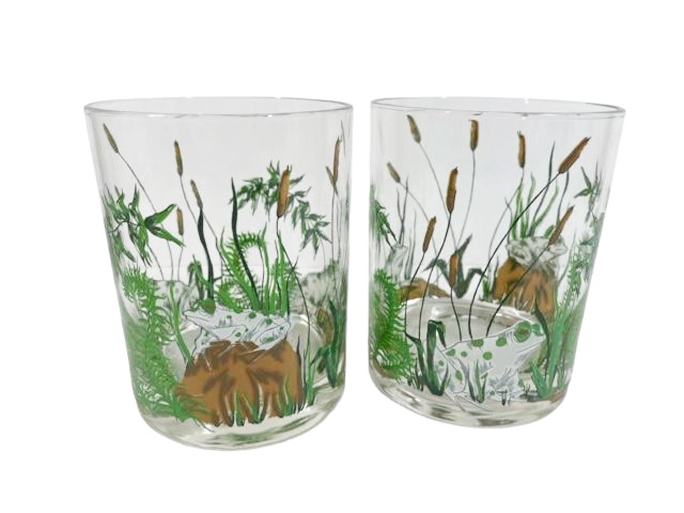 Mid-Century Modern Set of 4 Mid Century Modern Cera Glassware Frogs and Ferns Rocks Glasses For Sale
