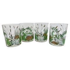 Set of 4 Mid Century Modern Cera Glassware Frogs and Ferns Rocks Glasses
