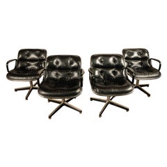 Set of 4 Mid Century Modern Charles Pollock Knoll Black Leather Executive Chairs