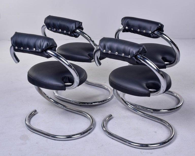 Set of 4 Mid-Century Modern Chrome Chairs with Black Upholstery For Sale 4