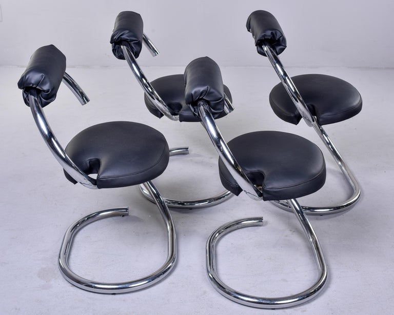 Set of 4 Mid-Century Modern Chrome Chairs with Black Upholstery For Sale 5