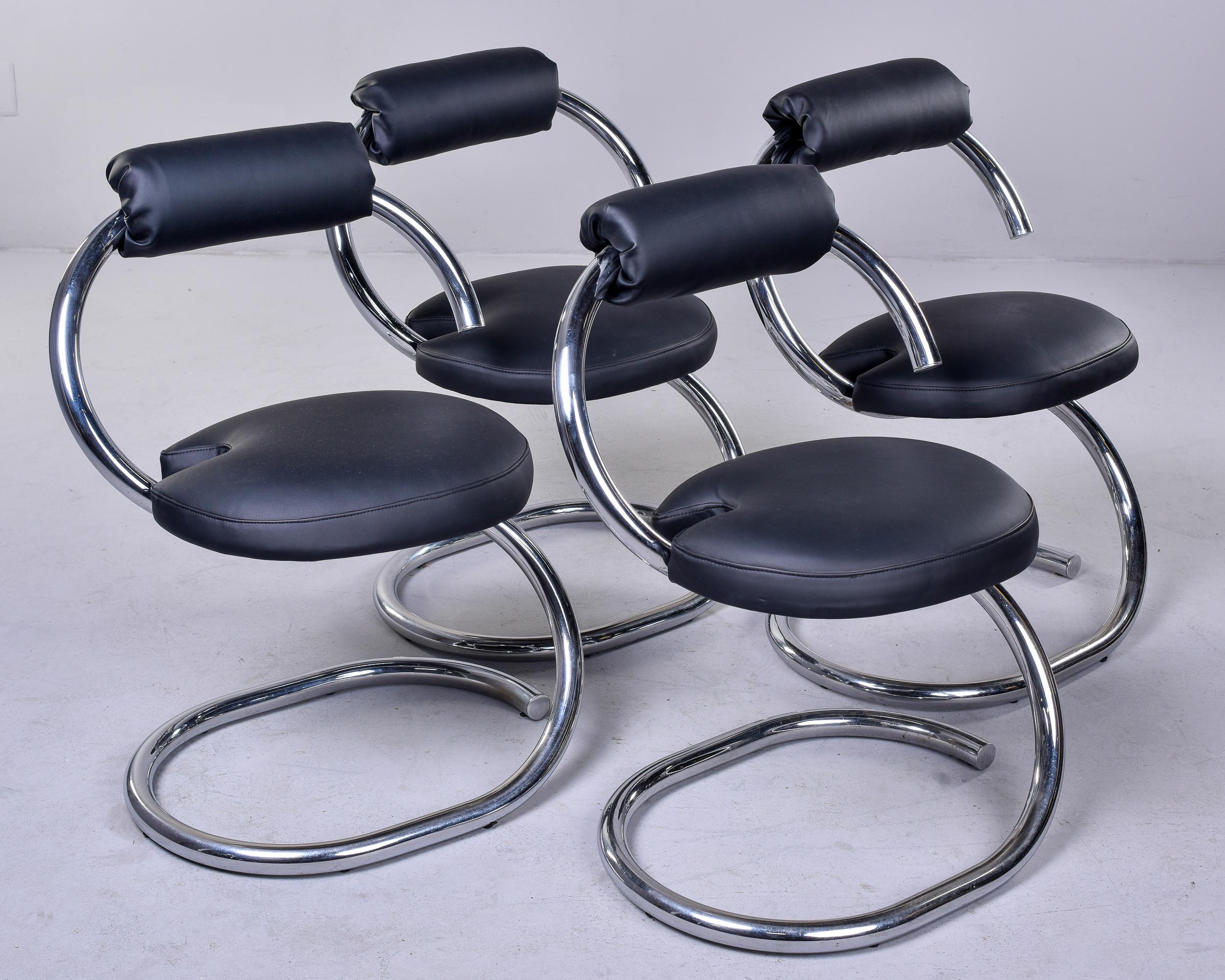 Set of 4 Mid-Century Modern Chrome Chairs with Black Upholstery For Sale 6