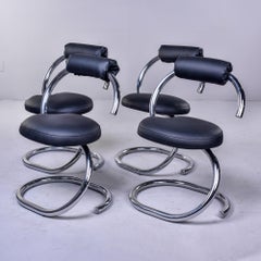 Set of 4 Mid-Century Modern Chrome Chairs with Black Upholstery