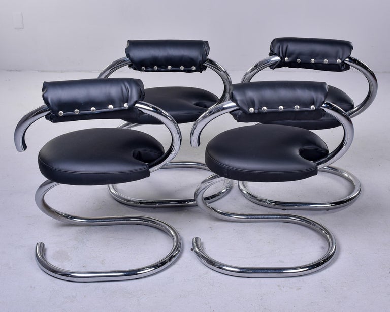 Set of 4 Mid-Century Modern Chrome Chairs with Black Upholstery For Sale 3