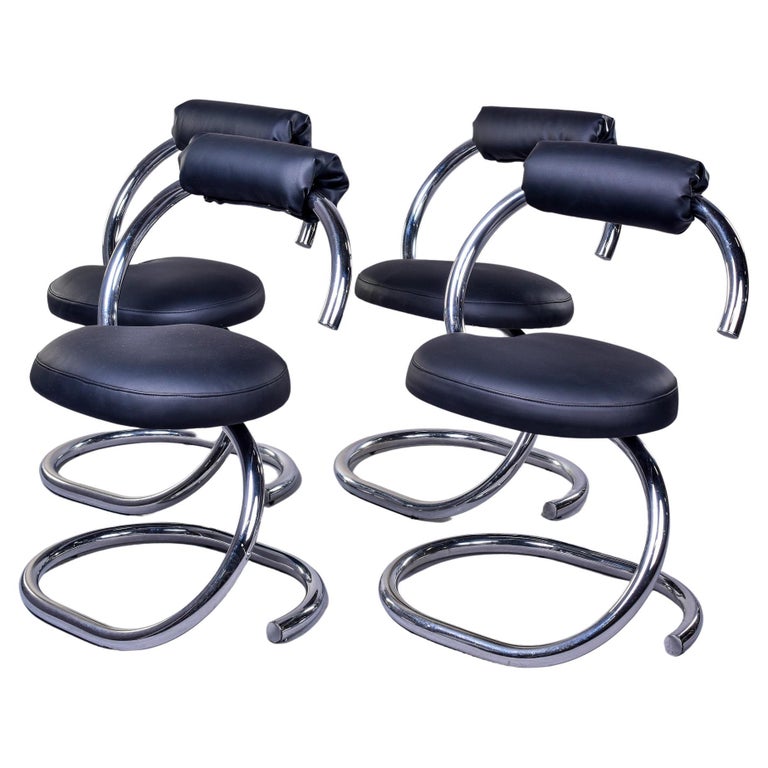 Set of 4 Mid-Century Modern Chrome Chairs with Black Upholstery For Sale