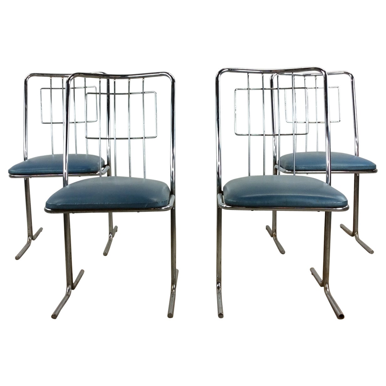 Set of 4 Mid Century Modern Chrome Dining Chairs with Vintage Upholstery