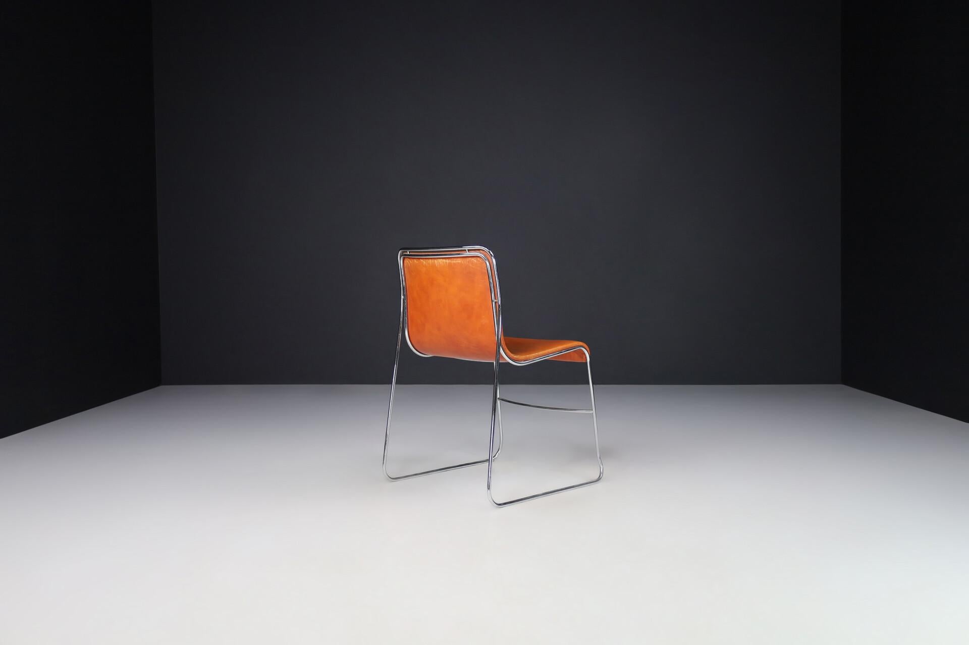 Juego de 4 sillas de comedor modernas de mediados de siglo de cuero coñac y acero, Italia, años 70 en venta 2