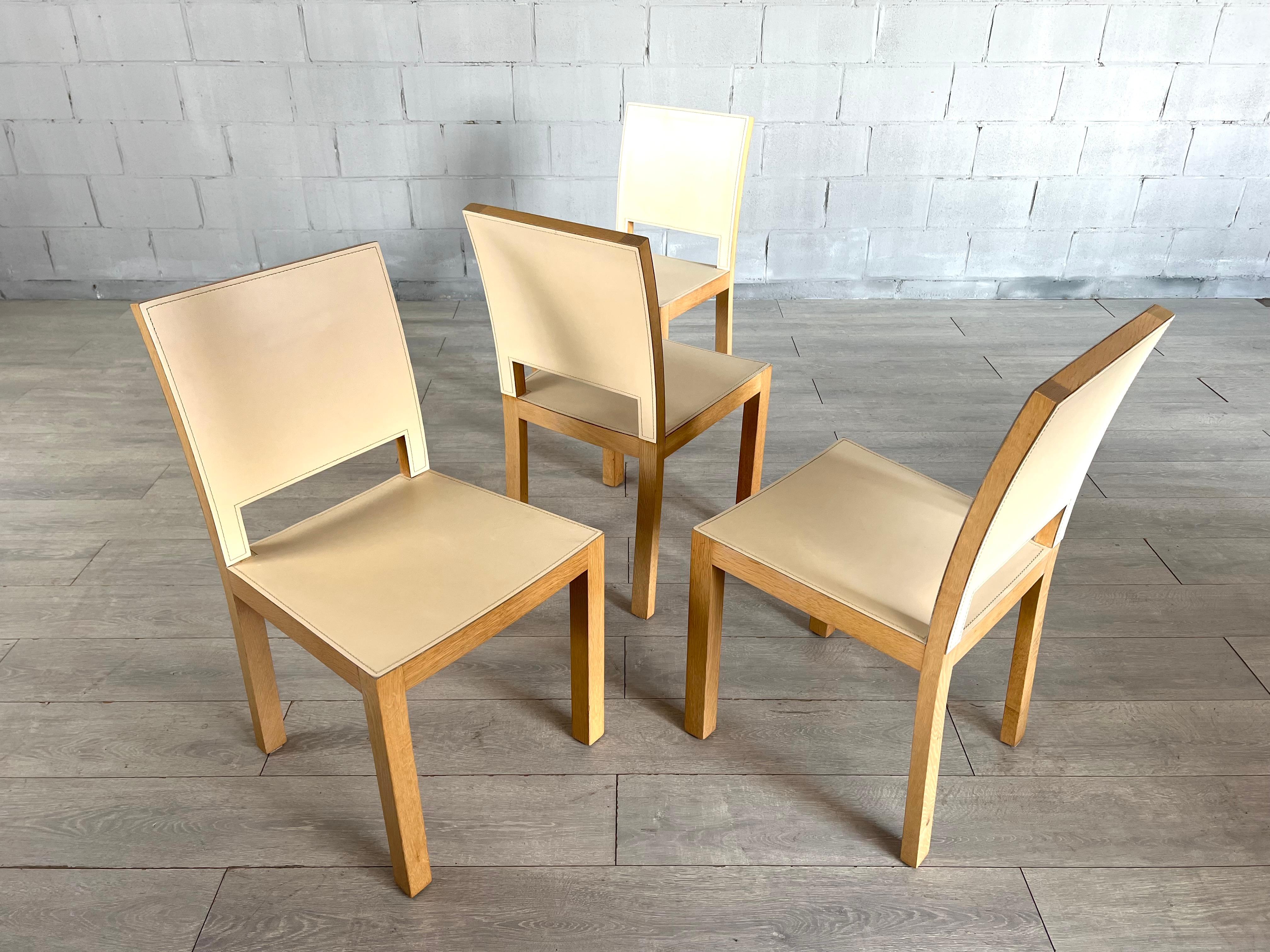 Leather Set of 4 Mid-Century Modern Design Side Dining Chairs For Sale