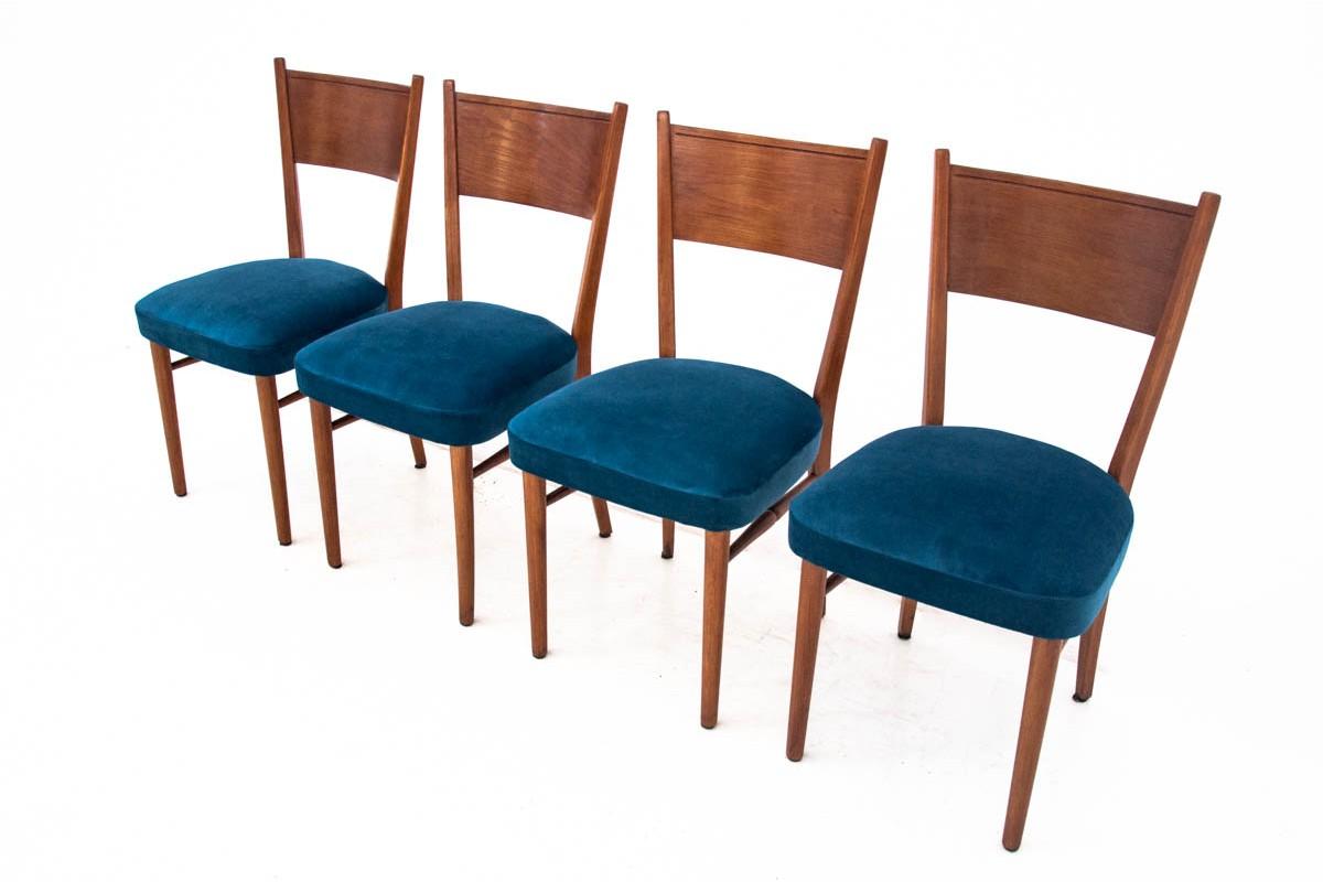Set of 4 Mid-Century Modern Dining Chairs in Blue In Good Condition In Chorzów, PL