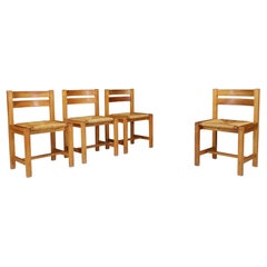 Set of 4 Mid-Century Modern Elm and Rush Dining Chairs by Maison Regain, France
