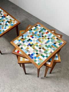 Set of 4 Mid Century Modern Glass Mosaic Tile Top Stacking Side Tables 1950s