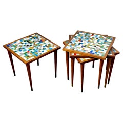 Set of 4 Mid Century Modern Glass Mosaic Tile Top Stacking Side Tables 1950s