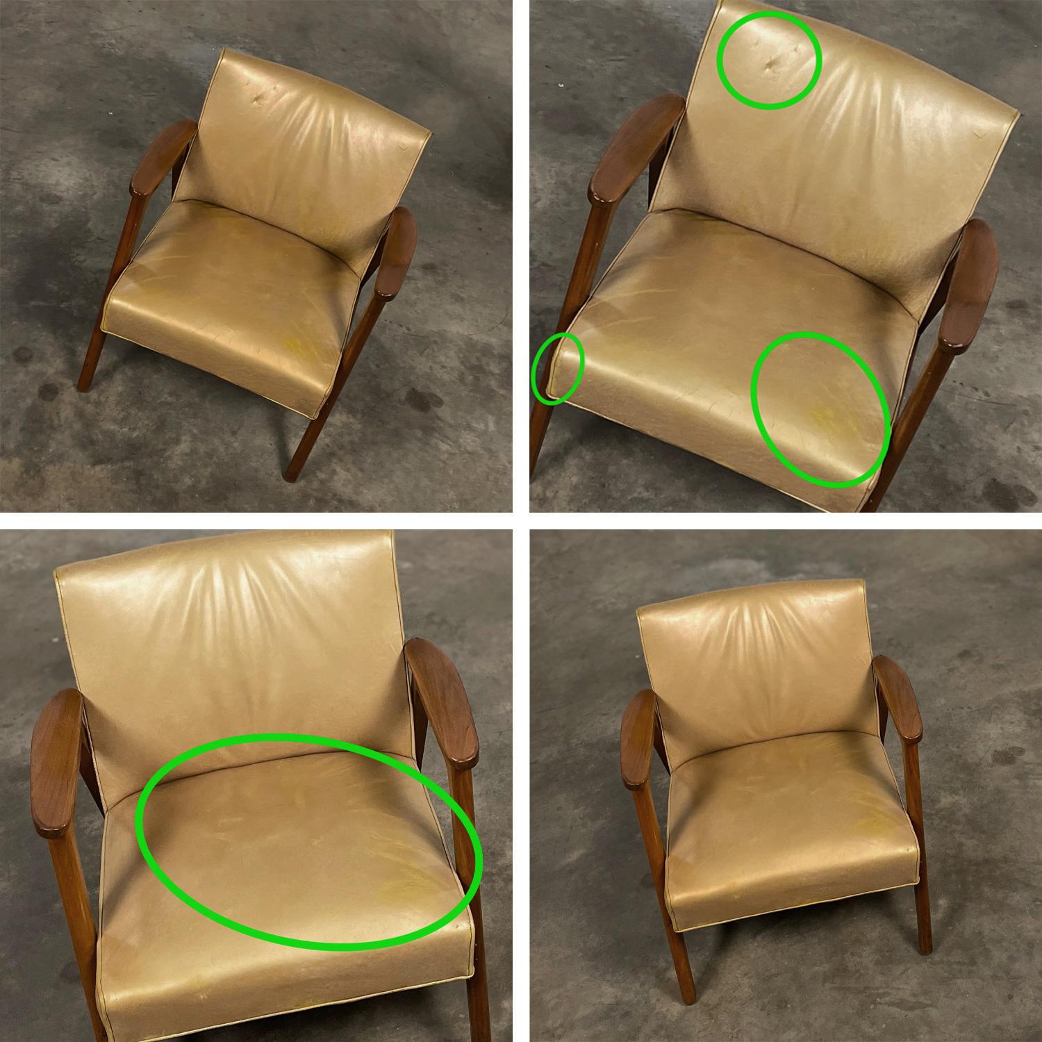 Set di 4  Poltrone Gunlocke moderne di metà secolo in pelle dorata con struttura in noce in vendita 8