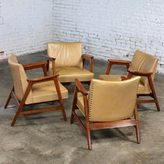 Set of 4  Mid Century Modern Gunlocke Armchairs Gold Leather with Walnut Frames