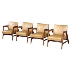 Set of 4  Mid Century Modern Gunlocke Armchairs Gold Leather with Walnut Frames