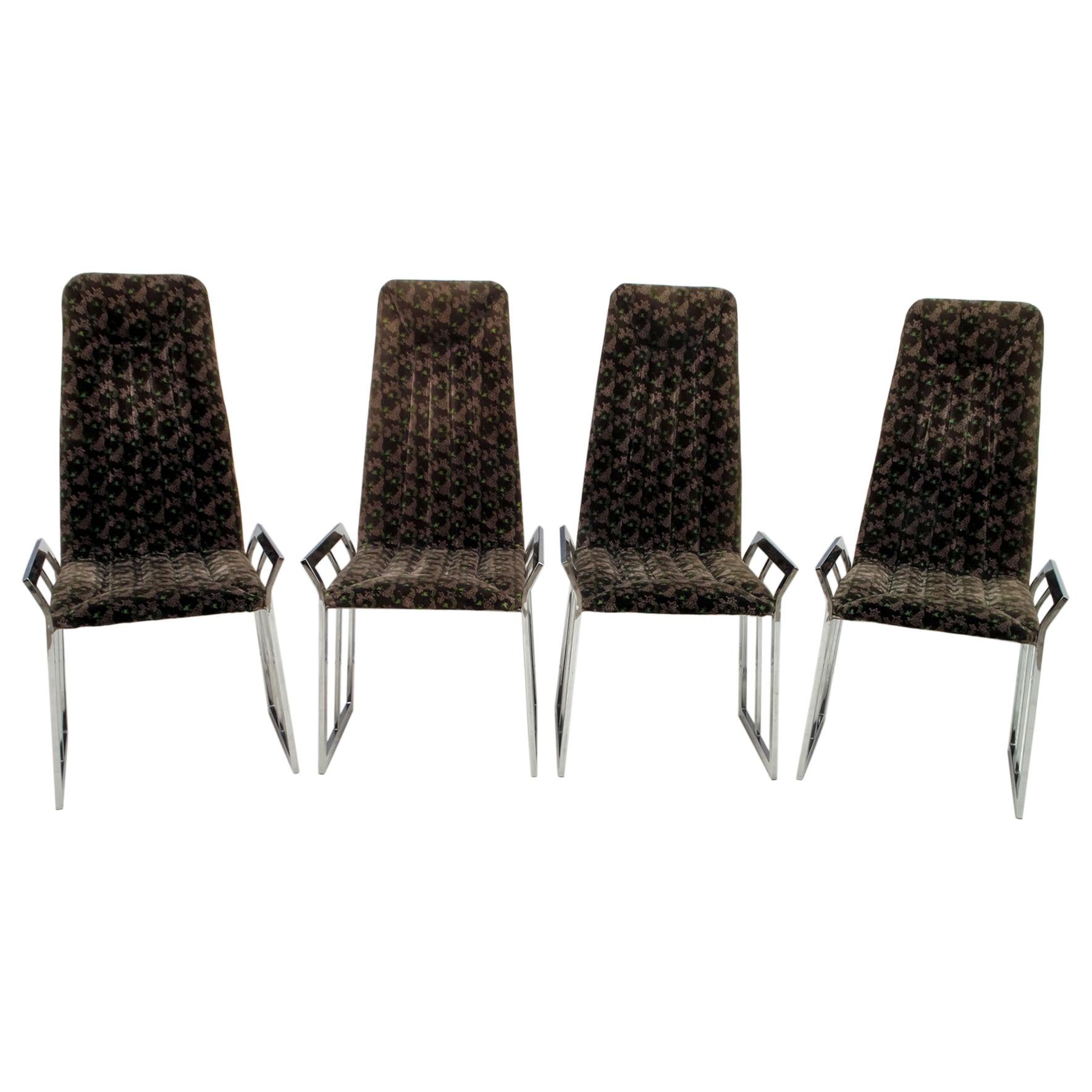 Set of 4 Mid-Century Modern Italian Chromed Steel and Velvet Dining Chairs 1970s For Sale