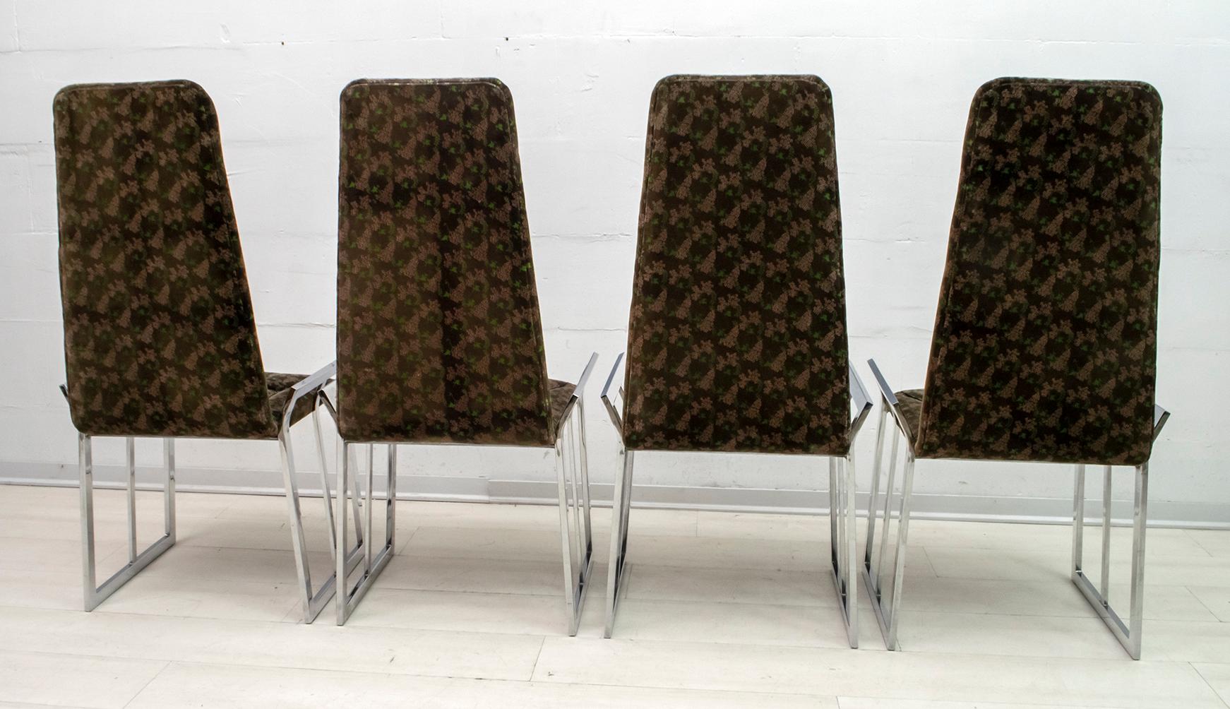 Late 20th Century Set of 4 Mid-Century Modern Italian Chromed Steel and Velvet Dining Chairs 1970s For Sale