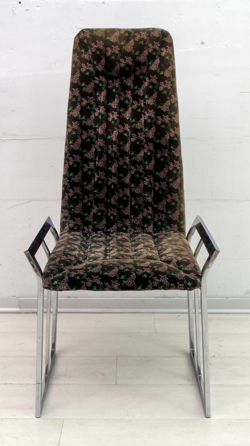 Set of 4 Mid-Century Modern Italian Chromed Steel and Velvet Dining Chairs 1970s For Sale 1