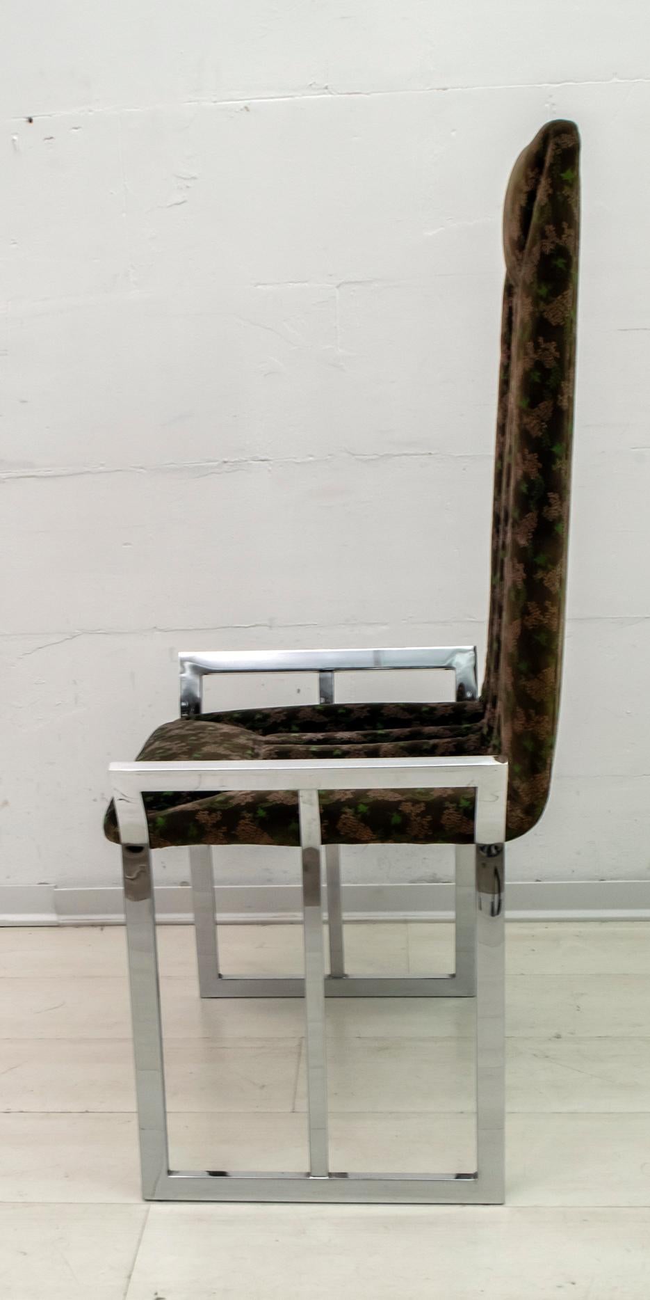 Set of 4 Mid-Century Modern Italian Chromed Steel and Velvet Dining Chairs 1970s For Sale 4