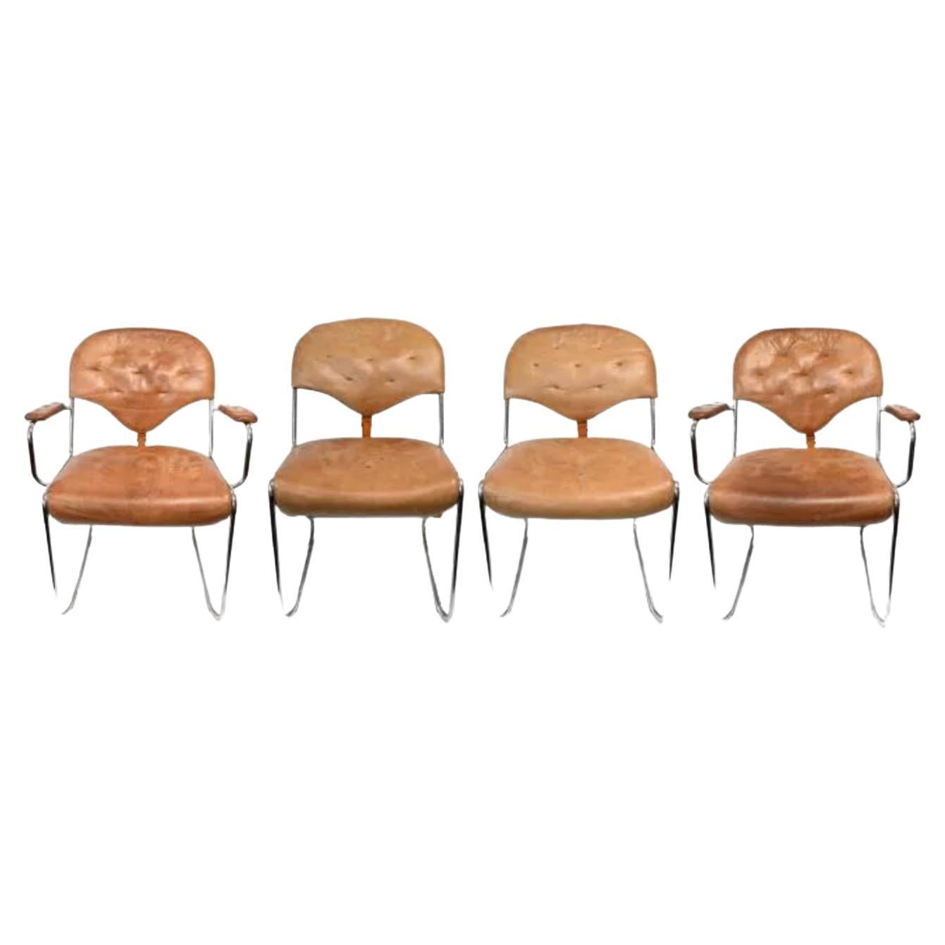 Ensemble de 4 chaises de salle à manger en cuir chromé de style mi-siècle moderne par Sam Larsson pour DUX