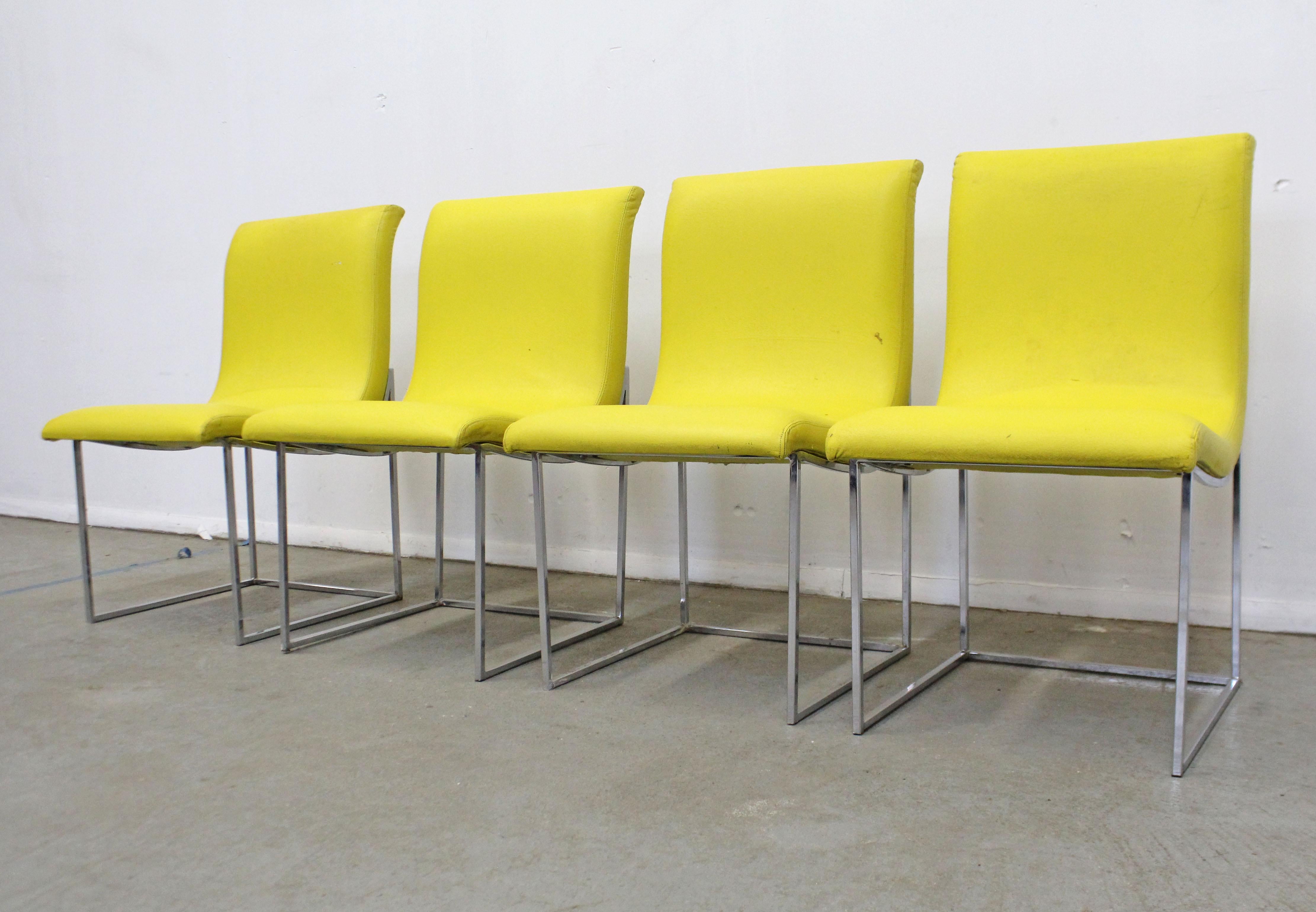 Offered is a very cool set of 4 Mid-Century Modern dining chairs designed by Milo Baughman for Thayer Coggin. Includes four side chairs made with chrome bases and yellow vinyl upholstery. They are in good vintage condition, showing some age wear