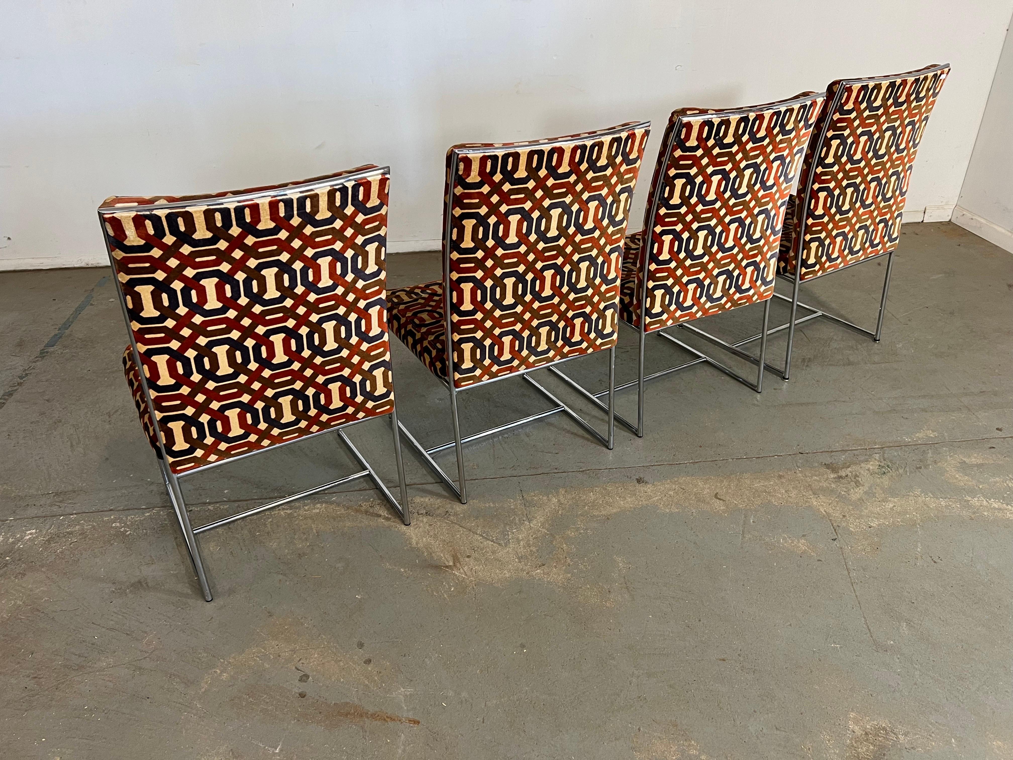 Fabric Set of 4 Mid-Century Modern Milo Baughman for Thayer Coggin Chrome Dining Chairs For Sale