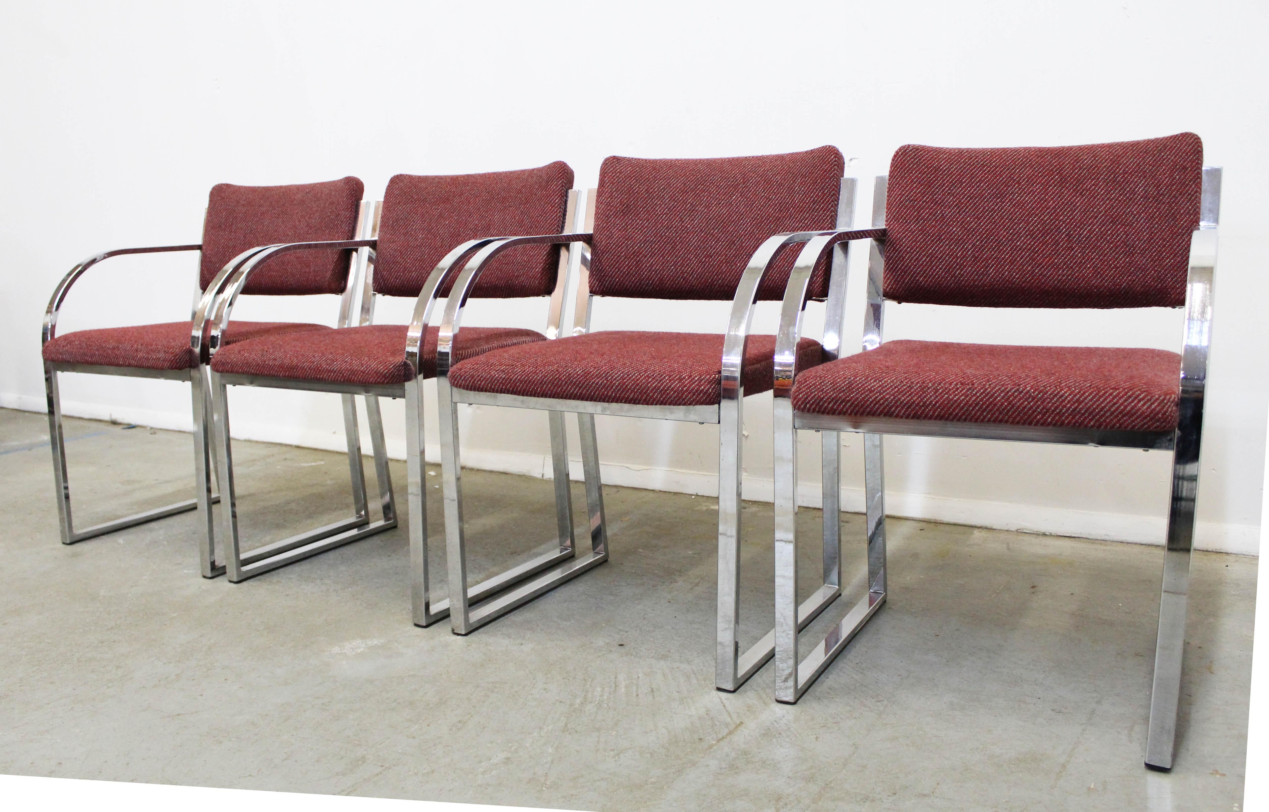 American Set of 4 Mid-Century Modern Milo Baughman Style Flat Tube Chrome Dining Chairs