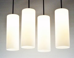 Set of 3 Opaline Cylinder Glass on Chrome Rod and Barrel Canopy Light Pendants