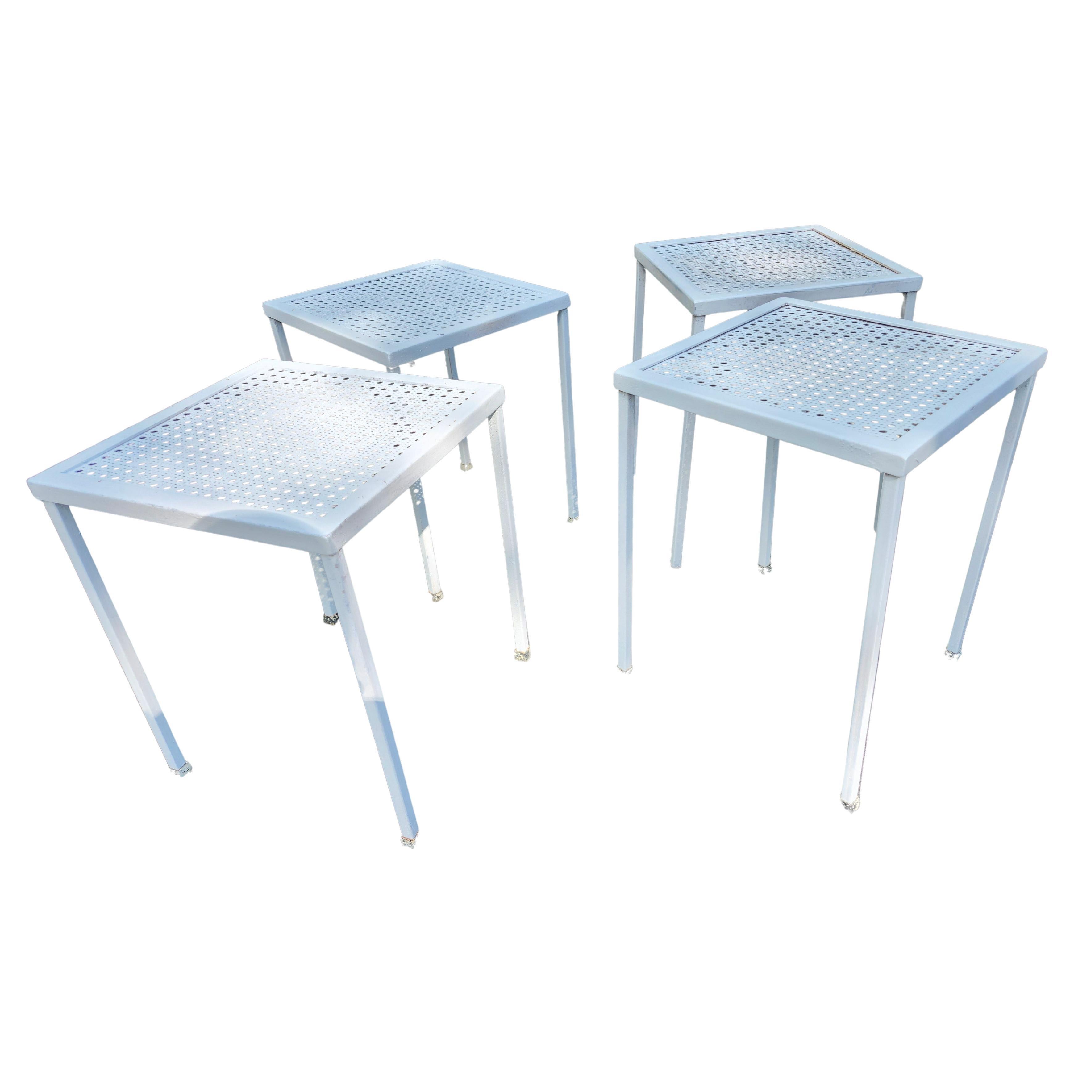 Set of 4 Mid Century Modern Outdoor Pierced Metal Stacking Tabes C1958 Restored In Good Condition For Sale In Port Jervis, NY