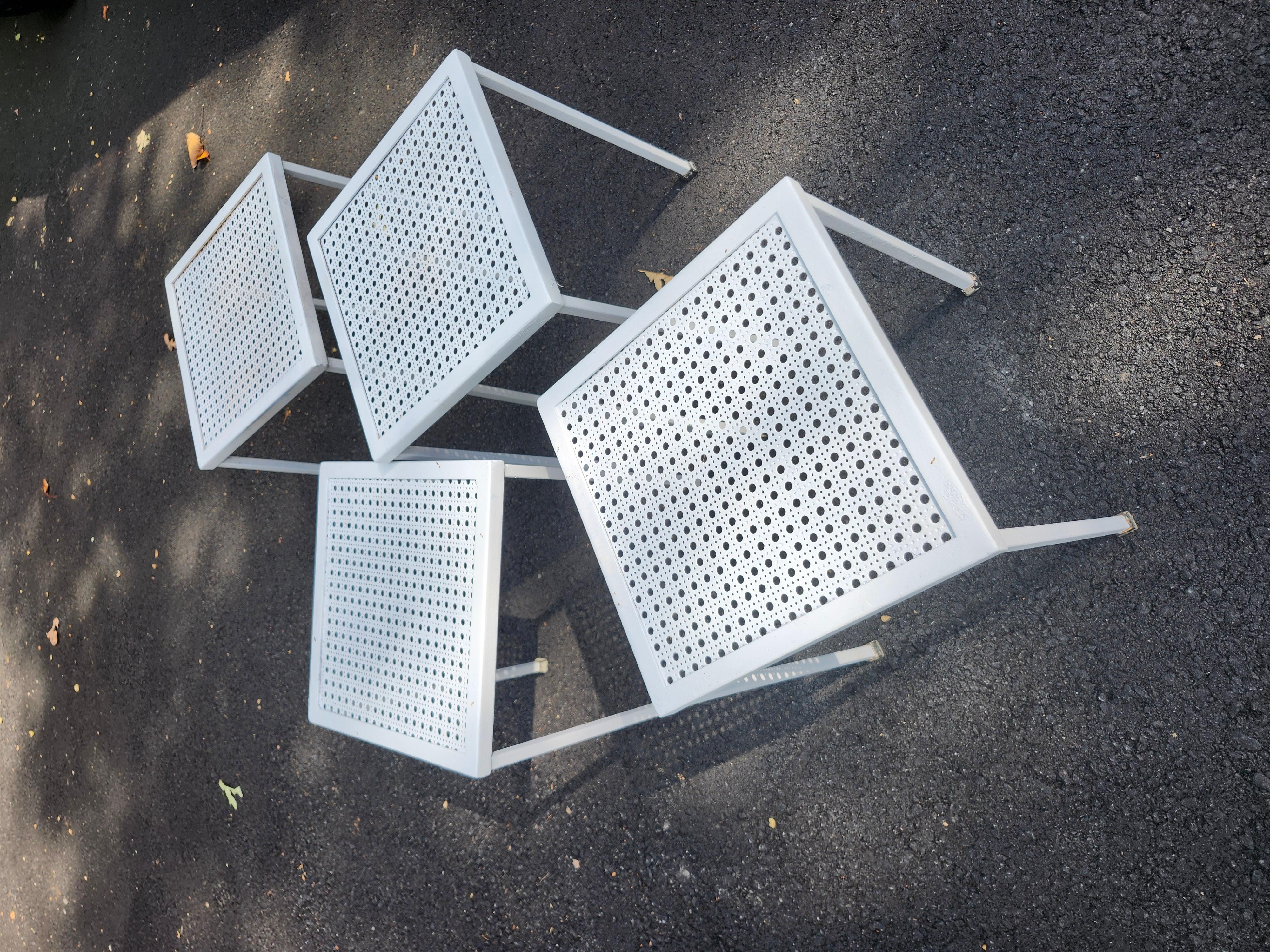 Iron Set of 4 Mid Century Modern Outdoor Pierced Metal Stacking Tabes C1958 Restored For Sale