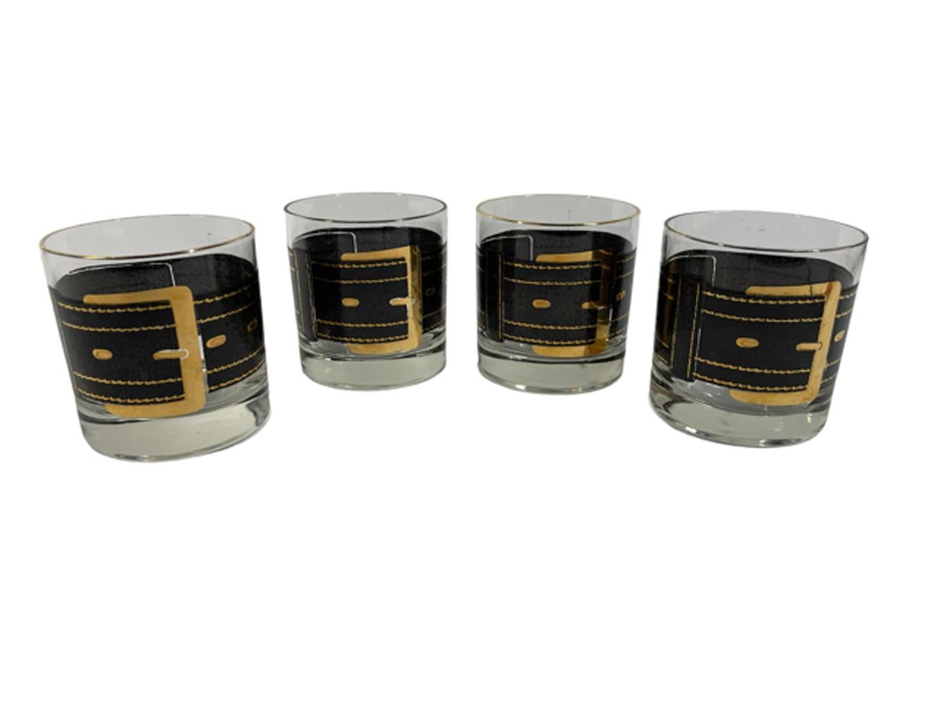 Mid-Century Modern rocks glasses with a wide textured black band imitating a grained leather belt accented with 22 karat gold stitching and large gold buckle.