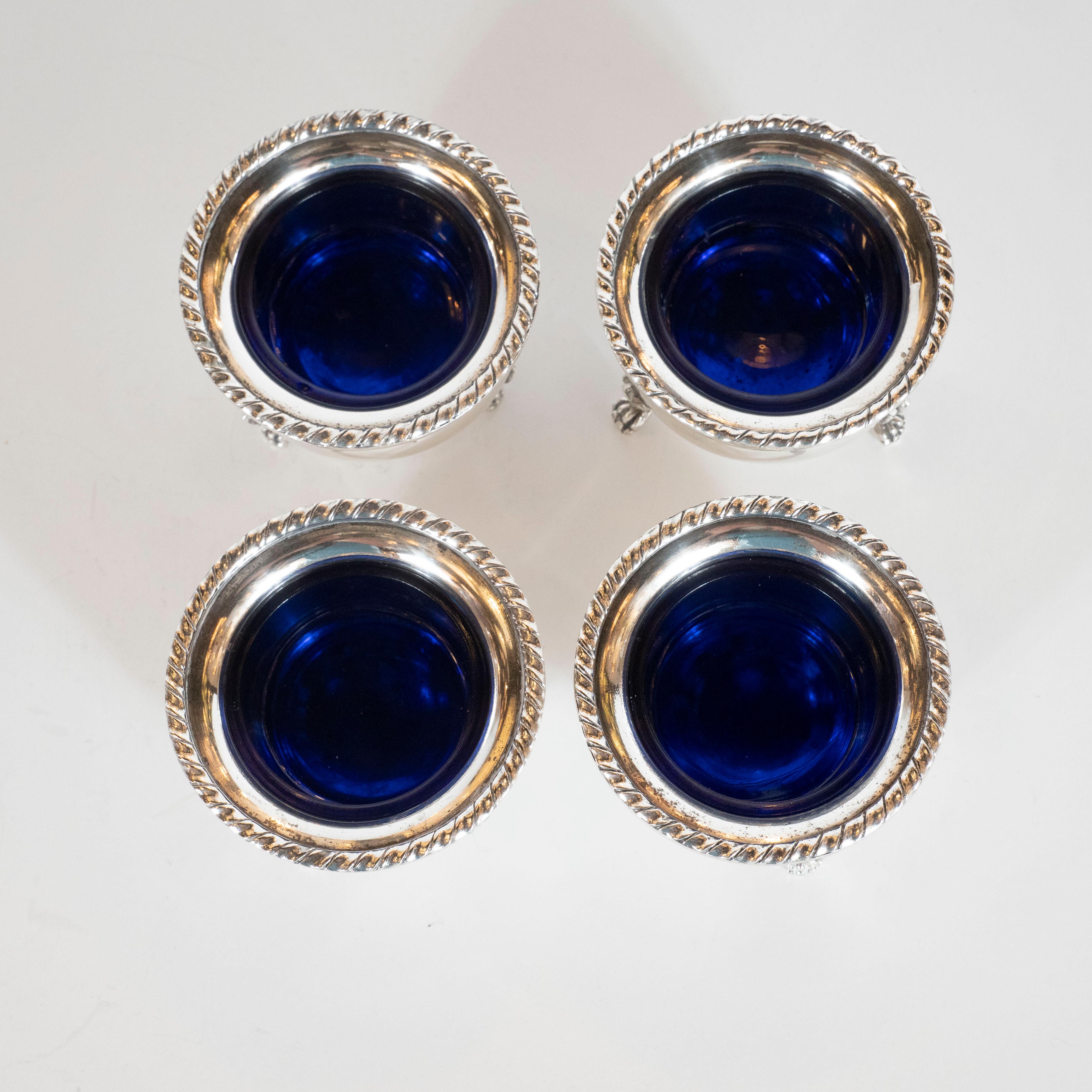 English Set of 4 Mid-Century Modern Silver Salt Cellars with Cobalt Blue Glass Inserts