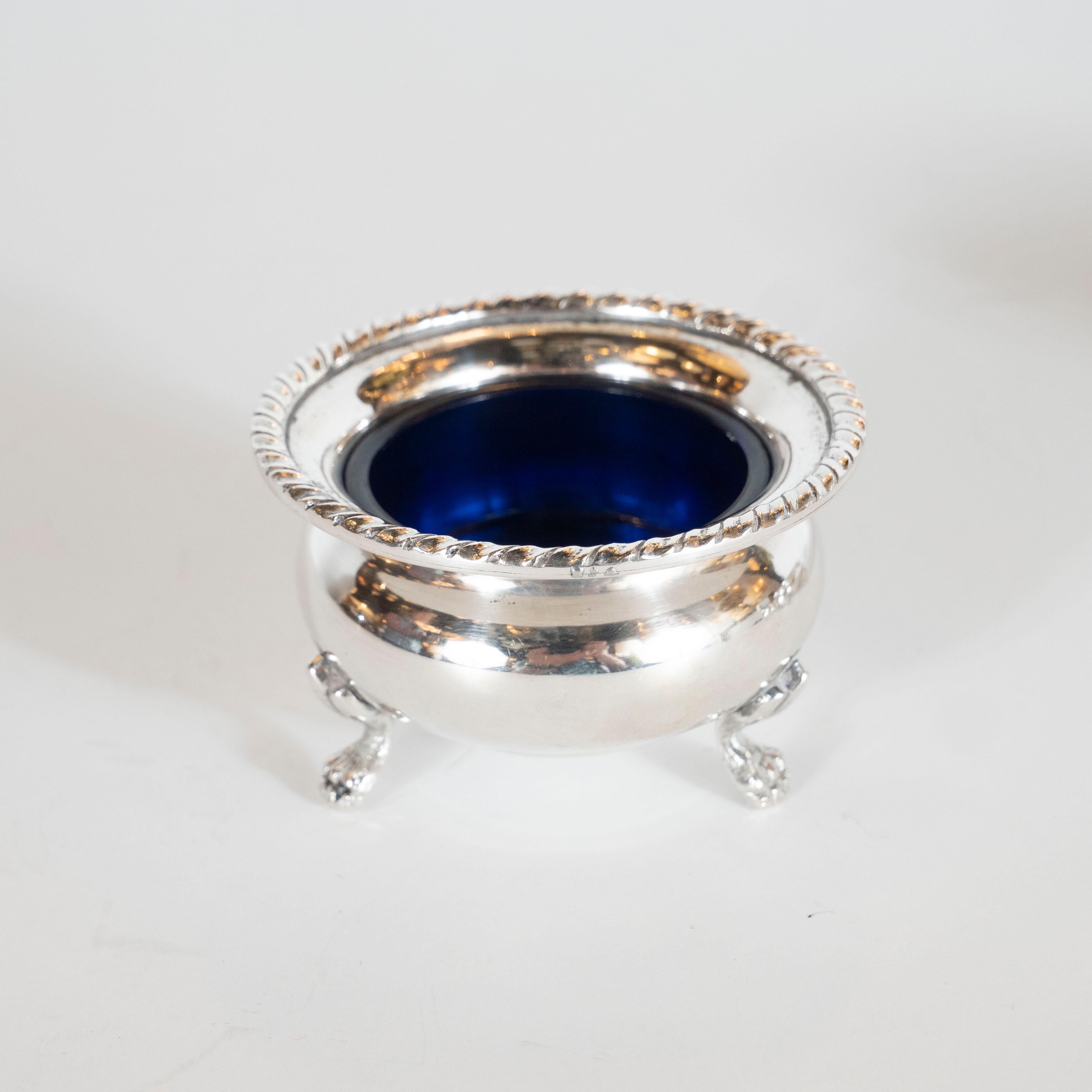 Set of 4 Mid-Century Modern Silver Salt Cellars with Cobalt Blue Glass Inserts In Excellent Condition In New York, NY