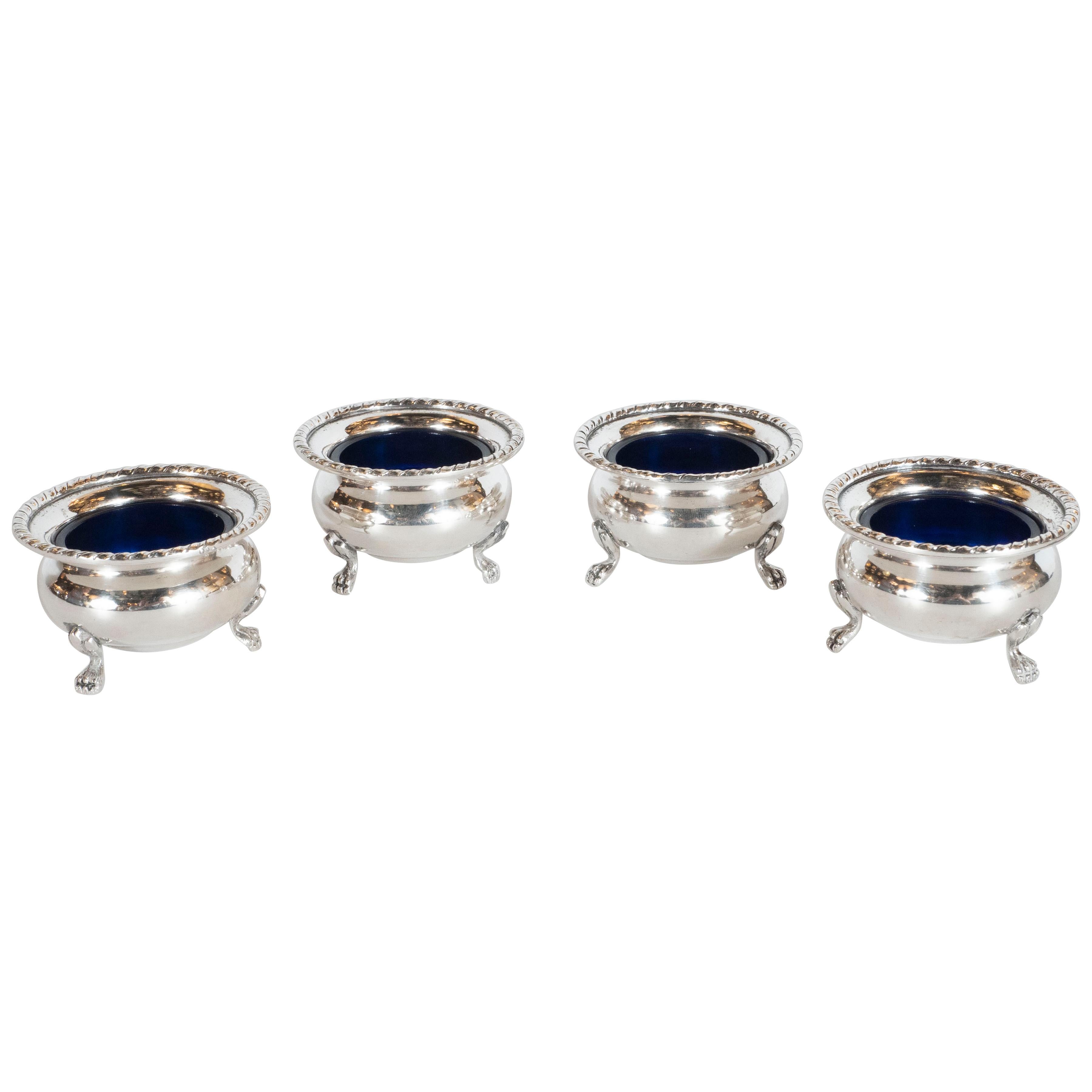 Set of 4 Mid-Century Modern Silver Salt Cellars with Cobalt Blue Glass Inserts