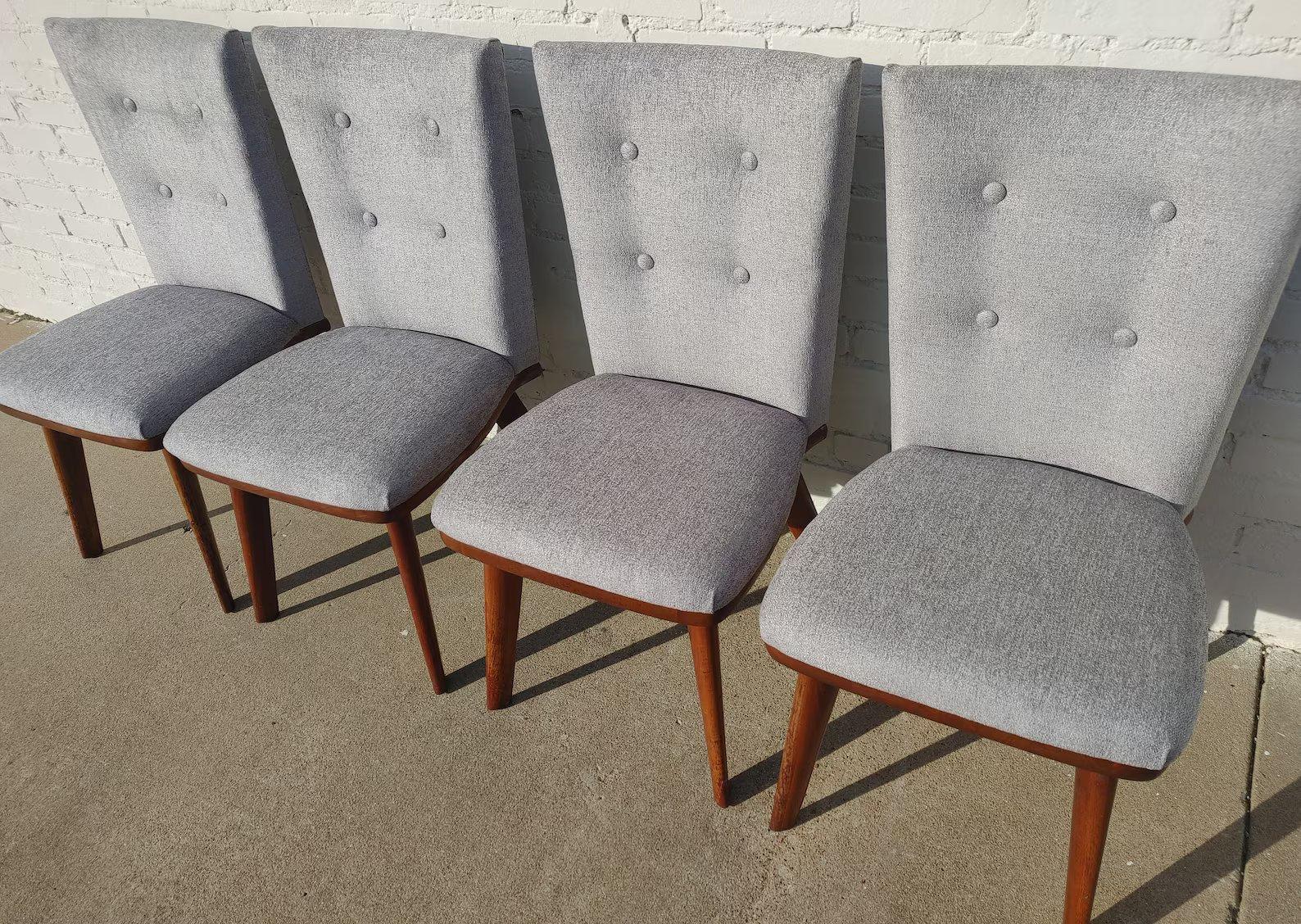 Set of 4 Mid Century Modern Solid Walnut Chairs by Bissman

Above average vintage condition and structurally sound. Has some expected finish wear and scratching on the legs. Upholstery is new. Outdoor listing pictures might appear slightly darker or