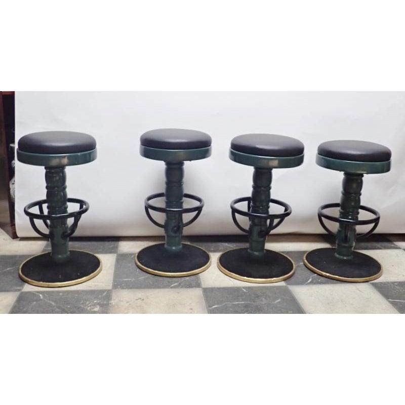 French Set of 4 Mid-Century Modern Black and Green Swivel Bar Stools