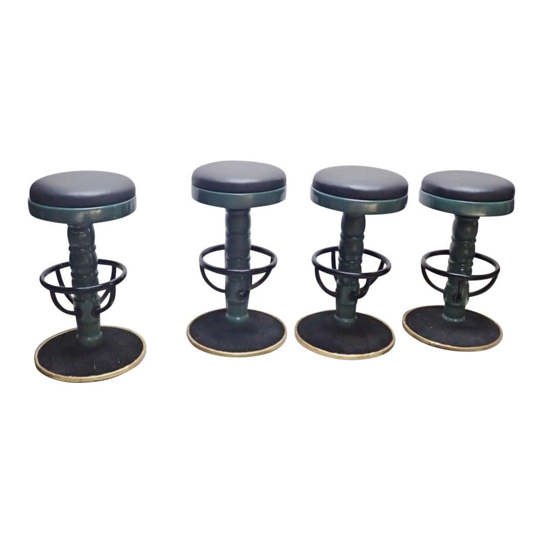 Set of 4 Mid-Century Modern Black and Green Swivel Bar Stools