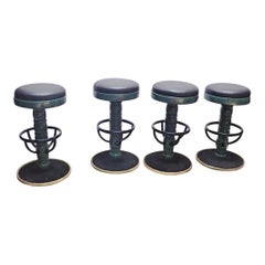 Set of 4 Mid-Century Modern Black and Green Swivel Bar Stools